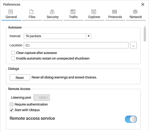 The Options dialog and the option to enable the Remote Access service