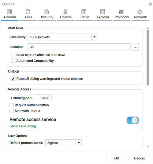 The Options dialog and the option to enable the Remote Access service